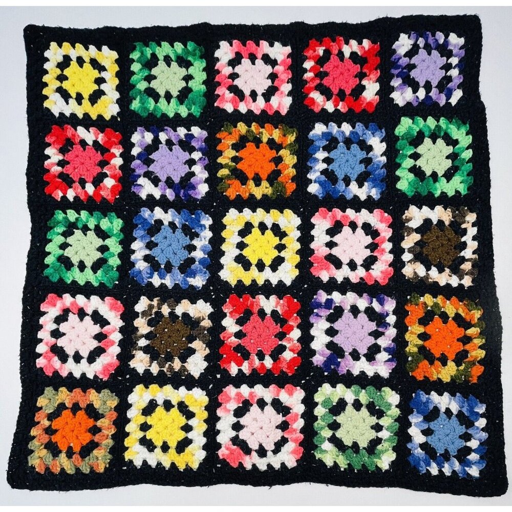 VTG 31"x31" Small Lap Size Black Rainbow Granny Square AFGHAN Roseanne Wash Wear